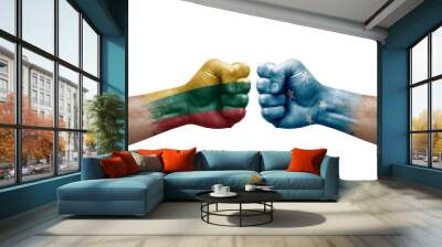 Two hands punch to each others on white background. Country flags painted fists, conflict crisis concept between lithuania and micronesia Wall mural