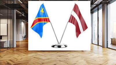 Two table flags isolated on white background 3d illustration, dr congo and latvia Wall mural