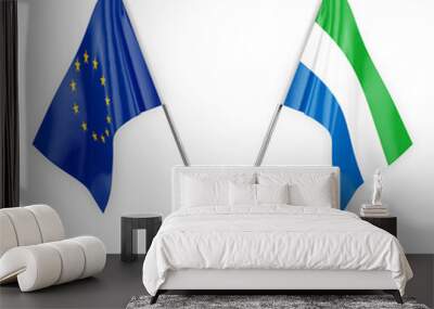 Two table flags isolated on white background 3d illustration, european union and sierra leone Wall mural