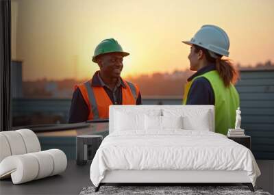 On a rooftop, two HVAC technicians in hard hats and reflective vests stand by air conditioning units. One smiles at the camera, while the other works by the units Wall mural