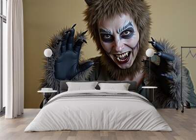 A DIY werewolf costume with fur-covered gloves torn clothes and realistic face paint showing fangs fur and wolf-like features. Wall mural