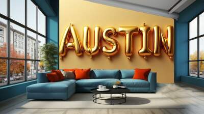 AUSTIN Golden 3D Balloon Letters on Solid Color Background Wall mural