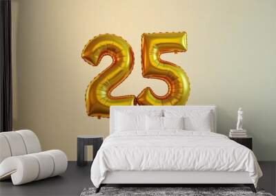 Banner with number 25 golden balloon with copy space. Twenty-fifth birthday celebration on a solid color background. Wall mural