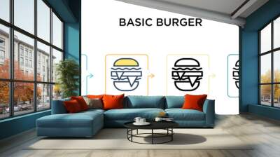 Basic burger vector icon in 6 different modern styles. Black, two colored basic burger icons designed in filled, outline, line and stroke style. Vector illustration can be used for web, mobile, ui Wall mural