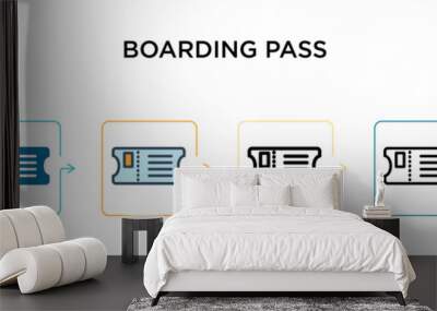 Boarding pass vector icon in 6 different modern styles. Black, two colored boarding pass icons designed in filled, outline, line and stroke style. Vector illustration can be used for web, mobile, ui Wall mural