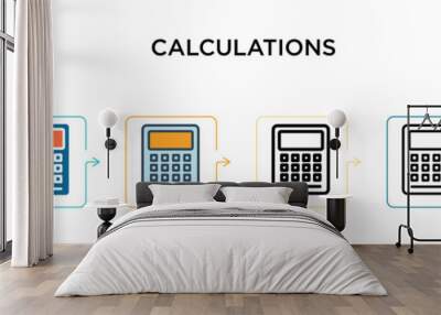 Calculations vector icon in 6 different modern styles. Black, two colored calculations icons designed in filled, outline, line and stroke style. Vector illustration can be used for web, mobile, ui Wall mural