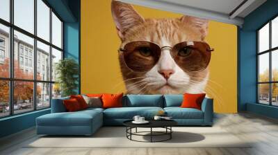 Cat with Sunglasses on a Solid Background, Featuring Ample Copy Space
 Wall mural