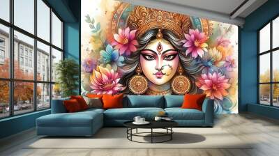 Chaitra Navratri Celebration: Watercolor Illustration Featuring Goddess Durga's Portrait Wall mural