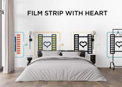 Film strip with heart vector icon in 6 different modern styles. Black, two colored film strip with heart icons designed in filled, outline, line and stroke style. Vector illustration can be used for Wall mural