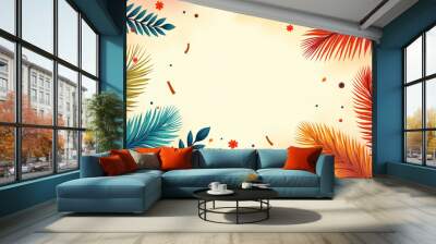 Krishna Janmashtami background featuring abstract peacock feather designs and flute illustrations Wall mural