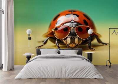 Ladybug with Sunglasses on a Solid Background, Featuring Ample Copy Space
 Wall mural