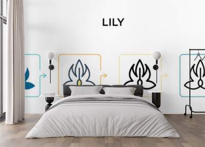 Lily vector icon in 6 different modern styles. Black, two colored lily icons designed in filled, outline, line and stroke style. Vector illustration can be used for web, mobile, ui Wall mural