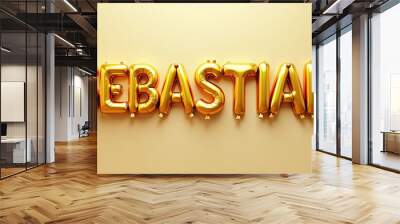 SEBASTIAN Golden 3D Balloon Letters on Solid Background Wall mural