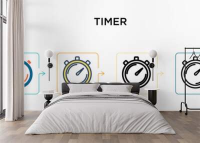 Timer vector icon in 6 different modern styles. Black, two colored timer icons designed in filled, outline, line and stroke style. Vector illustration can be used for web, mobile, ui Wall mural