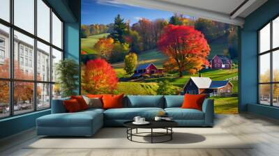 Amidst rolling hill of Vermont USA vibrant hue of red orange gold paint landscape maple tree ablaze autumn color stand contrast against clear blue sky Using wideangle lens picturesque scene capture Wall mural