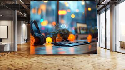 closeup of a blurred desk in an office with blurry objects and soft lighting in the background Macro Photography and RealTime Eye AF highlight the textures and muted colors Wall mural