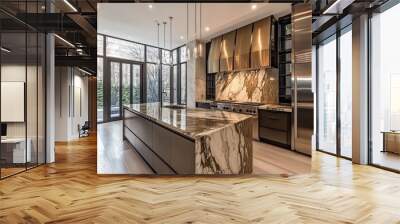 Contemporary kitchen marble countertops stainless steel appliances and an elegant island in the center blending style with functionality Wall mural