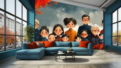 Design an illustration depicting the demographic consequences of China's onechild policy including population aging gender imbalance and the 421 family structure with one child supporting two parents  Wall mural