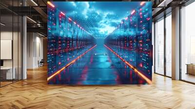 dynamic visual of cloud data storage with glowing servers and data nodes interconnected in a digital network HighSpeed Photography and InBody Image Stabilization ensure sharp vibrant imagery Wall mural