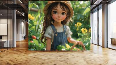 Fiona Farmer A cheerful girl in overalls with a basket of fresh produce standing in a lush farm setting perfect for agriculture or sustainability themes Wall mural