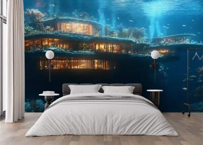 Futuristic underwater palace built within a massive coral reef with bioluminescent sea creatures swimming around set against a solid dark blue background Wall mural