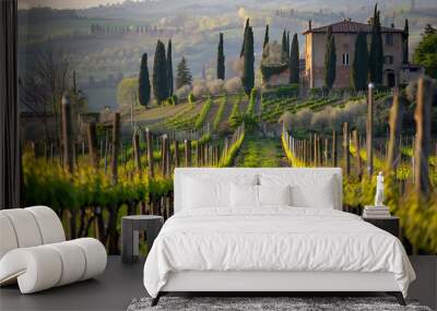 Heart of Tuscany Italy sprawling vineyard come life arrival of spring lush green vine stretch towards sun Using Nikon Z7 II NIKKOR Z 2470mm f28 lens vibrant color of budding grapevine contrast against Wall mural