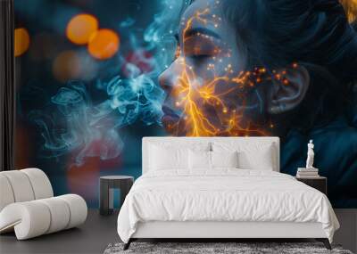 Lung health visualization Woman suffering asthma with glowing depiction of the lungs and constricted airways highlighting inflammation and difficulty breathing Wall mural