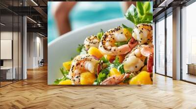 Maracuja fruit salad grilled shrimp fresh herbs served colorful beachfront caf ocean waves sun umbrellas softly blurred background promoting balanced and healthy meal Scientific name Passiflora edulis Wall mural