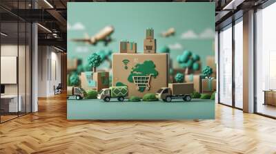 Modern card focused on the future of sustainable ecommerce featuring a spacious blank area on the lower center surrounded by subtle 3D illustrations of ecofriendly packaging and green logistics Wall mural