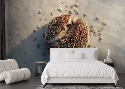 Photo of a hedgehog shot direction from above pose curled up time of day dawn National Geographic film type Kodak Portra 400 using natural light for soft illumination Wall mural