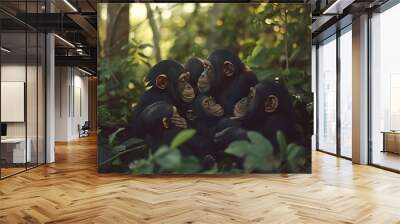 Photo of group of chimpanzees shot direction from the left side pose playing together time of day midday  Wall mural