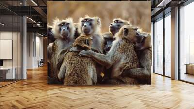 Photo of troop of baboons shot direction the front pose grooming each other time of day late afternoon Wall mural