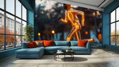 Runner doing dynamic stretching with a glowing xray effect on the shin area focusing on preventing shin splints Wall mural