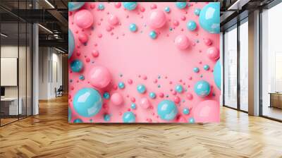 Abstract Background for Banner With 3d Blue Turquoise and Pink Spheres, Blue and Pink Bubble Easter Eggs Ballon Ball on a Pink Background, Copy Space for Text - 3D Render Wall mural