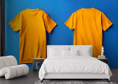 Blank T Shirt with Yellow and Orange Color Template Front and Back View on Blue Background. Ready For T-shirt Mockup. HD and High-Quality New Free Premium Mockup Wall mural