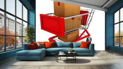 Minimalist Shopping Cart on White Background: a Simple and Vibrant Design. Shopping Trolley Concept Wall mural