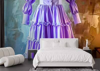 Photography of Elegant Gothic Charming Purple Dress with Ruffles and Collar Displayed on Mannequin, Ideal for Unique Style Statements, Perfect for Alternative Fashion Wall mural