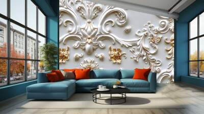 Seamless 3D elements of White and Golden luxury design Baroque Classical Relief Panel on Wall. Refined Gothic-inspired Stucco Molding With Floral Motifs. A Marble Carving in Late Ottoman Style. Wall mural