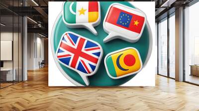 An icon for a language exchange app showcasing two speech bubbles with flags of different countries symbolizing communication and cultural exchange cut out on isolated transparent removed background Wall mural