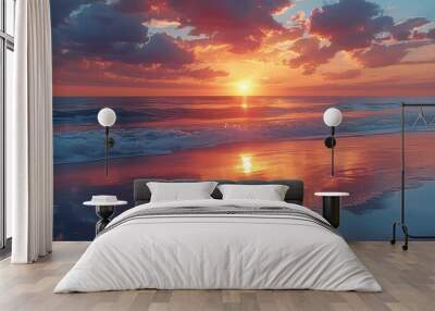 Beautiful ocean sunset warm orange and pink tones reflecting off gentle waves creating a tranquil and picturesque coastal scene perfect for evening or seascape designs Wall mural