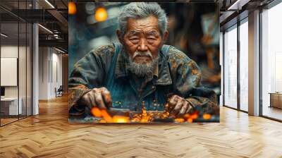 Chinese blacksmith forging traditional farming tools for rural communities Wall mural