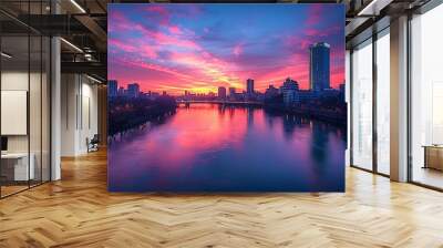 City skyline at dusk with modern skyscrapers and bridges reflected in a calm river while the sky transitions from deep blue to warm pink and orange hues Wall mural