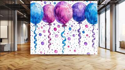 Colorful party clip art featuring balloons streamers confetti party hats in bold festive colors perfect for event invitations birthday cards or celebration designs Wall mural