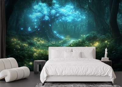 Fantasy forest glowing plants and mystical creatures Wall mural