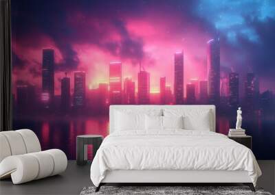 Futuristic city skyline glowing neon lights Wall mural