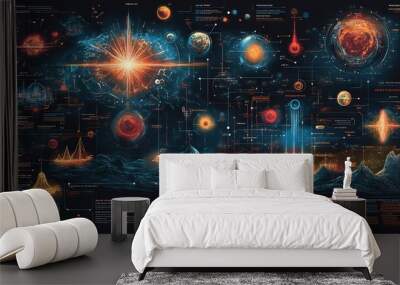 Illustrated mind map quantum fields and their role in explaining fundamental forces and particles in the universe Wall mural