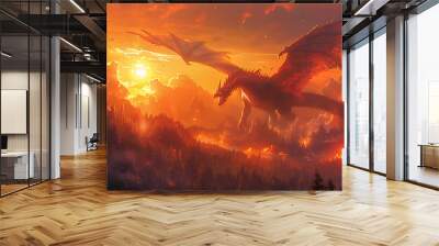 illustration of a mythical realm ruled by dragons with fiery volcanoes enchanted forests and mighty dragon riders soaring through the skies on majestic winged beasts Wall mural