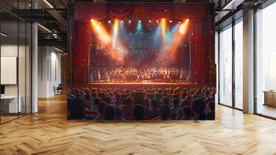 illustration of drama class rehearsal student dressed costume rehearsing scene play or musical stage set prop backdrop while student recite line perform choreography embody character passion enthusias Wall mural