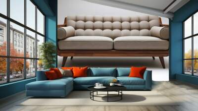 Midcentury modern sofa with tufted cushions and wooden legs isolated on a white background Wall mural