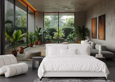 Minimalist interior design with a sleek white sofa modern art on the walls and a large window overlooking a lush green garden Wall mural